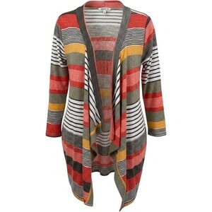 Dearcase Women Medium Multi Color Striped Open Front Cardigan Red Yellow Grey